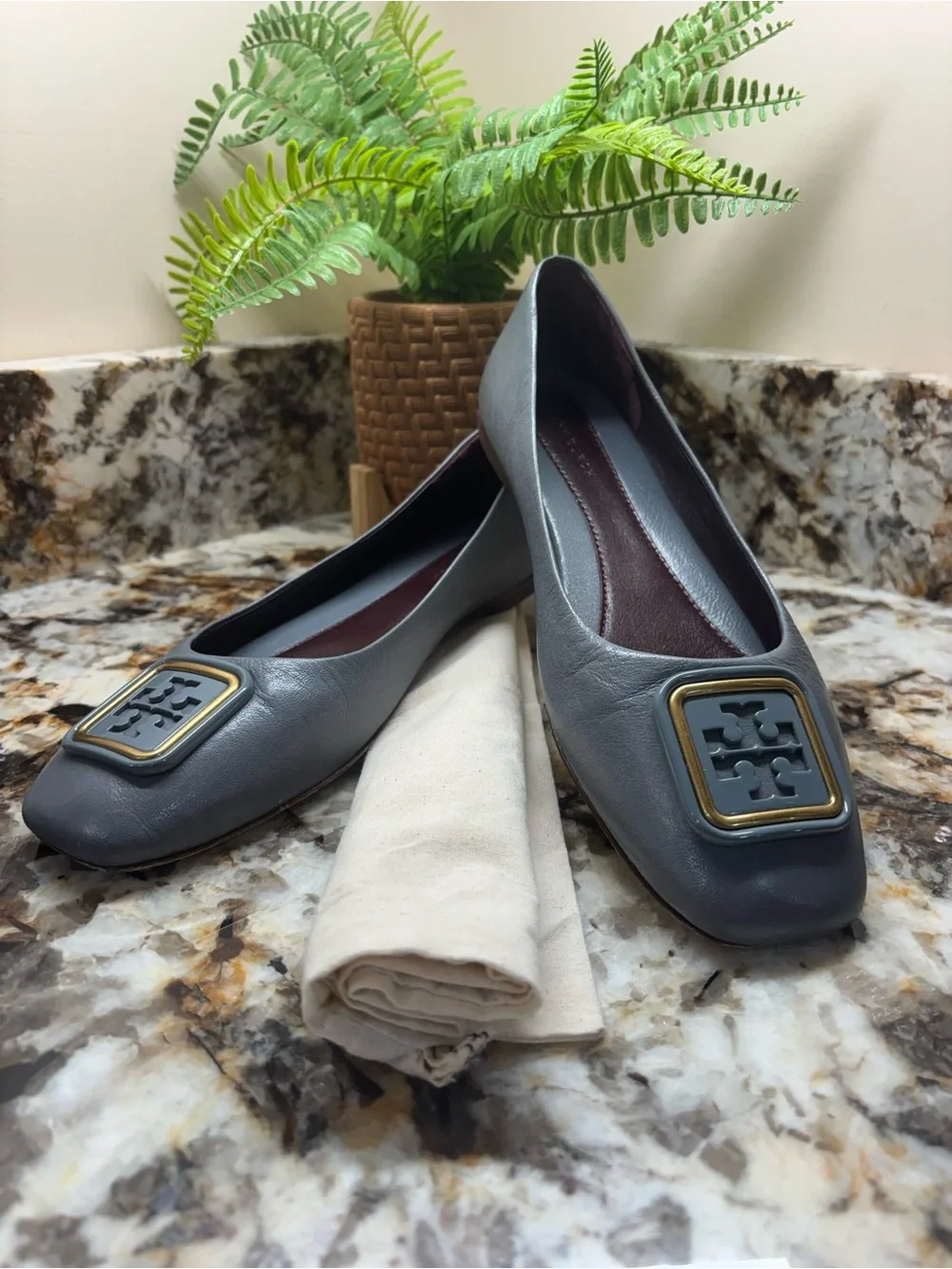 Tory Burch Gray Leather Logo Ballet Flats with Gold-Tone Accent